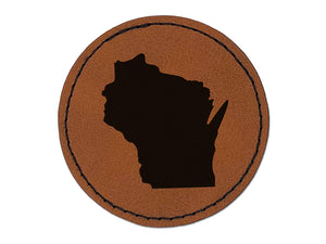 Wisconsin State Silhouette Round Iron-On Engraved Faux Leather Patch Applique - 2.5"