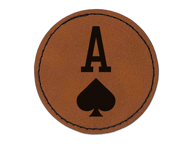 Ace of Spades Card Suit Round Iron-On Engraved Faux Leather Patch Applique - 2.5"