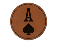 Ace of Spades Card Suit Round Iron-On Engraved Faux Leather Patch Applique - 2.5"
