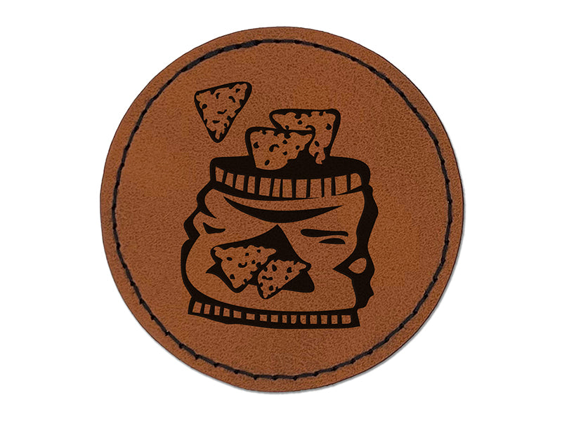 Bag of Tortilla Chips Crisps Round Iron-On Engraved Faux Leather Patch Applique - 2.5"