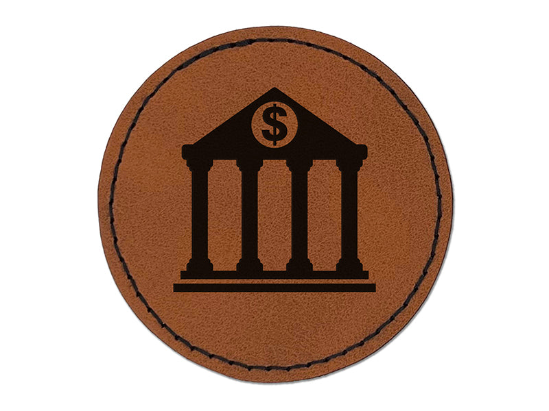 Bank Finance Money Icon Round Iron-On Engraved Faux Leather Patch Applique - 2.5"
