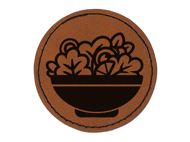 Bowl of Salad with Lettuce Tomato and Onion Round Iron-On Engraved Faux Leather Patch Applique - 2.5"