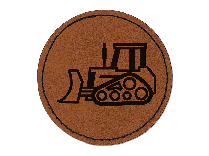 Bulldozer Dozer Construction Vehicle Round Iron-On Engraved Faux Leather Patch Applique - 2.5"