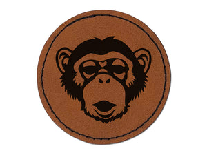 Chimpanzee Primate Ape Round Iron-On Engraved Faux Leather Patch Applique - 2.5"