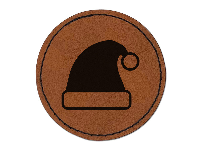 Christmas Santa Hat for the Holidays Round Iron-On Engraved Faux Leather Patch Applique - 2.5"