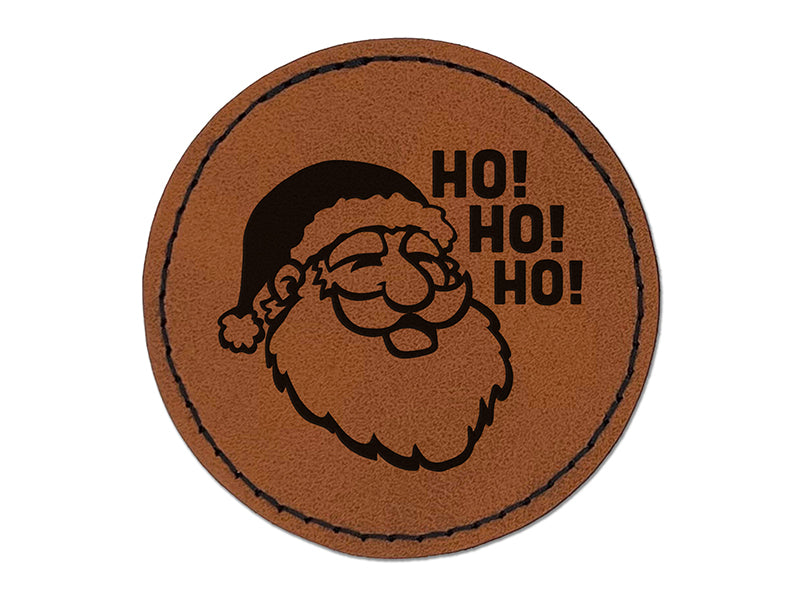 Christmas Santa Claus Saying Ho Ho Ho Round Iron-On Engraved Faux Leather Patch Applique - 2.5"