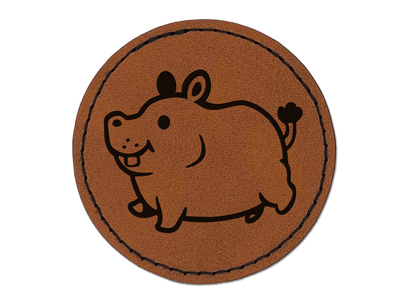 Chubby Round Hippo Hippopotamus Round Iron-On Engraved Faux Leather Patch Applique - 2.5"