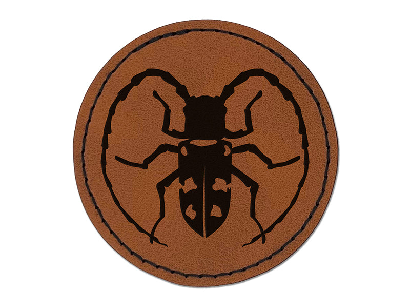 Citrus Long Horned Beetle Insect Round Iron-On Engraved Faux Leather Patch Applique - 2.5"