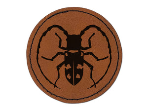 Citrus Long Horned Beetle Insect Round Iron-On Engraved Faux Leather Patch Applique - 2.5"