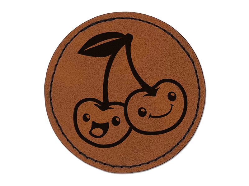 Couple of Cute and Kawaii Cherry Buddies Cherries Round Iron-On Engraved Faux Leather Patch Applique - 2.5"