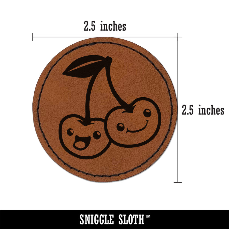 Couple of Cute and Kawaii Cherry Buddies Cherries Round Iron-On Engraved Faux Leather Patch Applique - 2.5"