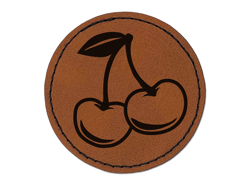 Couple of Shiny Cherry Fruits Cherries Round Iron-On Engraved Faux Leather Patch Applique - 2.5"