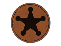 Cowboy Sheriff Badge Star Round Iron-On Engraved Faux Leather Patch Applique - 2.5"