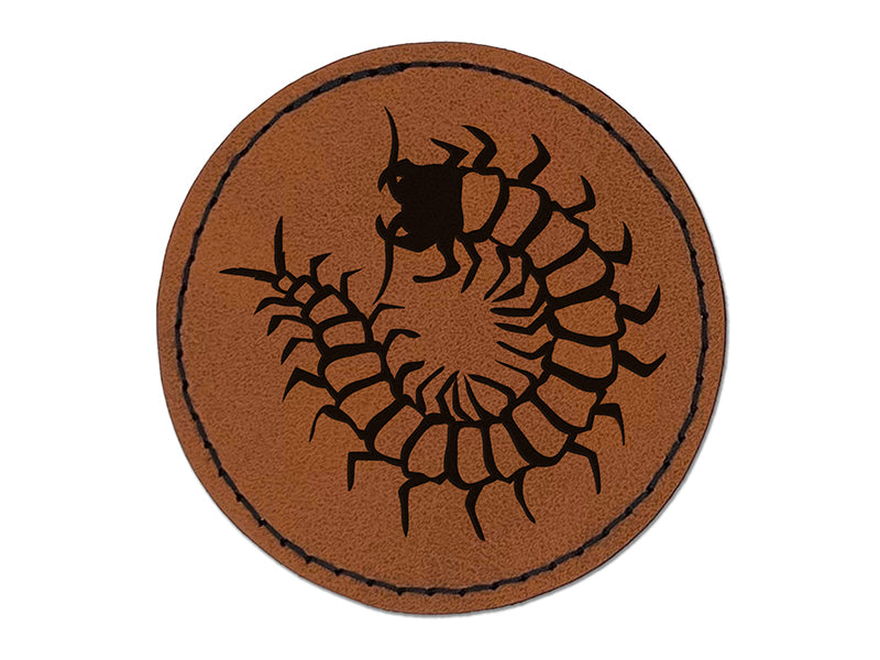 Creepy Crawly Centipede Round Iron-On Engraved Faux Leather Patch Applique - 2.5"