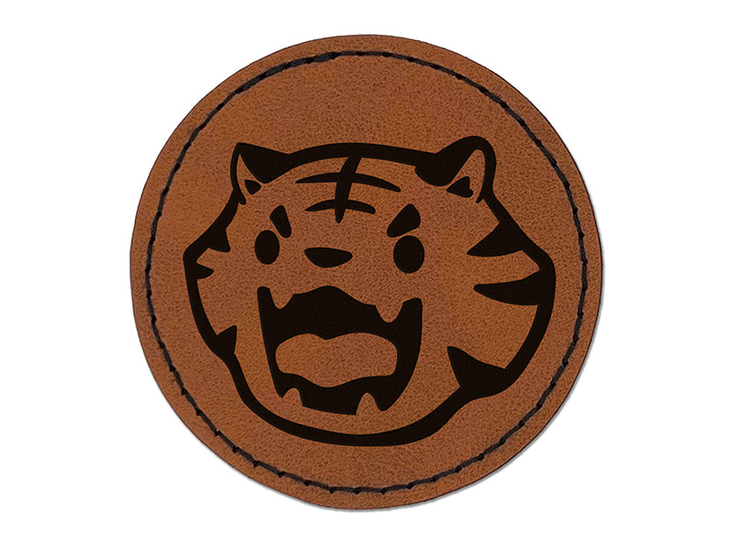 Cute and Fierce Tiger Head Round Iron-On Engraved Faux Leather Patch Applique - 2.5"