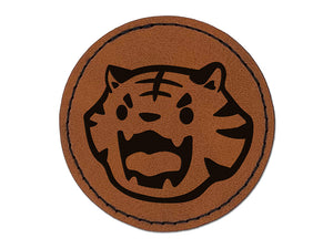 Cute and Fierce Tiger Head Round Iron-On Engraved Faux Leather Patch Applique - 2.5"