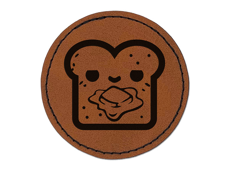 Cute and Kawaii Buttered Toast Bread Round Iron-On Engraved Faux Leather Patch Applique - 2.5"