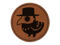 Cute Chibi Raven with Plague Doctor Mask Round Iron-On Engraved Faux Leather Patch Applique - 2.5"