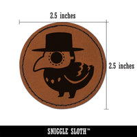 Cute Chibi Raven with Plague Doctor Mask Round Iron-On Engraved Faux Leather Patch Applique - 2.5"