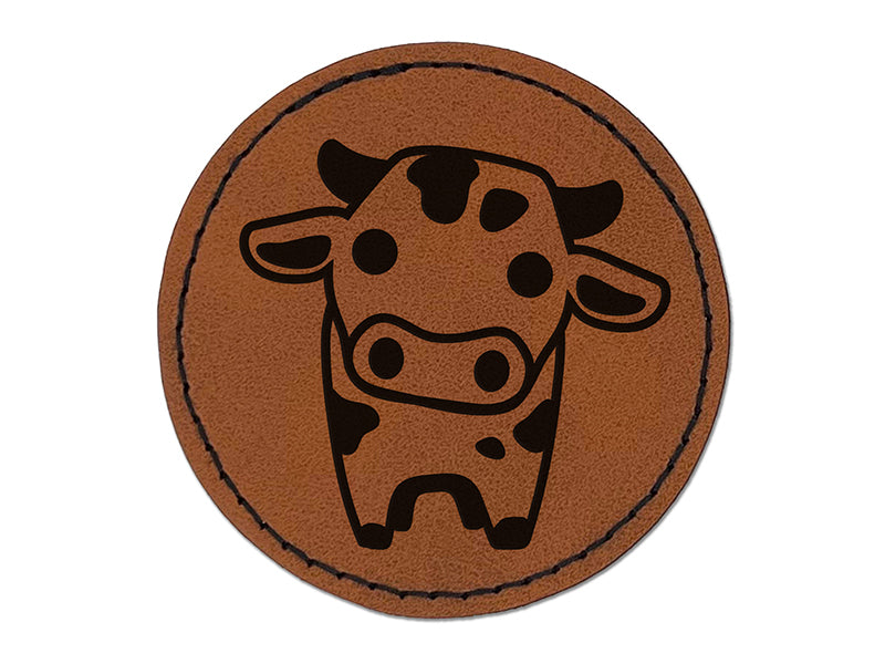 Cute Chibi Spotted Cow Round Iron-On Engraved Faux Leather Patch Applique - 2.5"