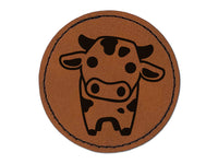 Cute Chibi Spotted Cow Round Iron-On Engraved Faux Leather Patch Applique - 2.5"