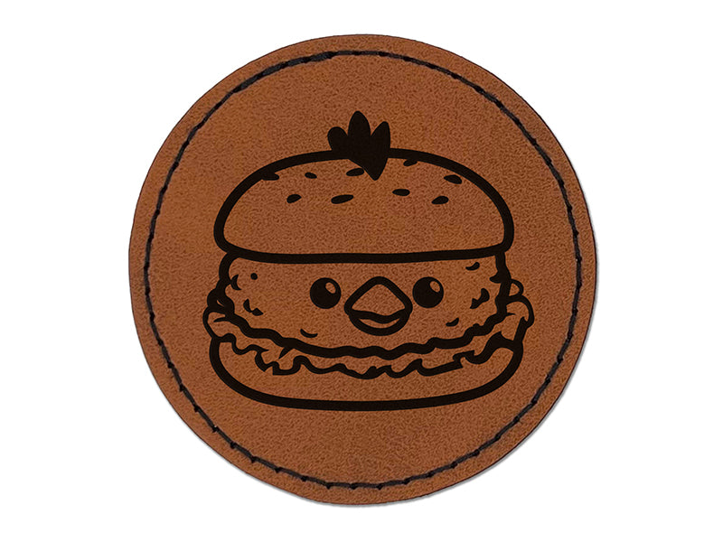 Cute Chicken Sandwich Round Iron-On Engraved Faux Leather Patch Applique - 2.5"