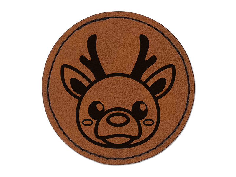 Cute Christmas Reindeer with Bright Nose Round Iron-On Engraved Faux Leather Patch Applique - 2.5"