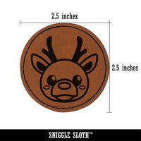 Cute Christmas Reindeer with Bright Nose Round Iron-On Engraved Faux Leather Patch Applique - 2.5"