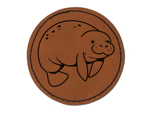 Cute Chubby Manatee Round Iron-On Engraved Faux Leather Patch Applique - 2.5"