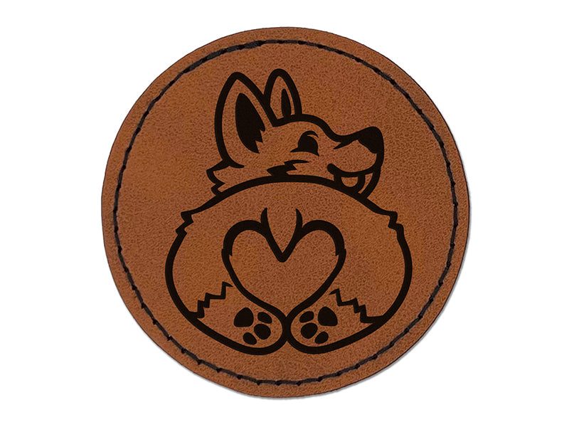 Cute Corgi with a Heart Butt Round Iron-On Engraved Faux Leather Patch Applique - 2.5"