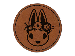 Cute Easter Bunny Rabbit Head with Flower Crown Round Iron-On Engraved Faux Leather Patch Applique - 2.5"