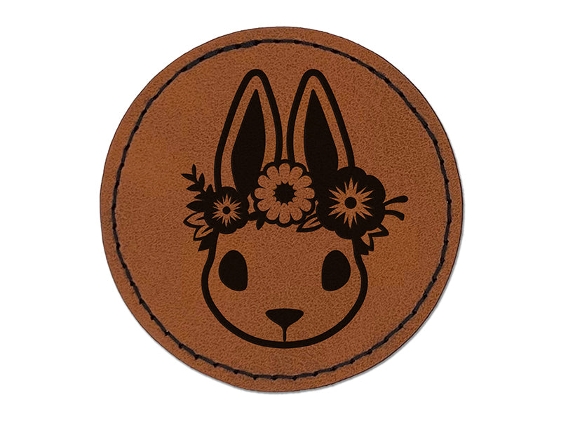 Cute Easter Bunny Rabbit Head with Flower Crown Round Iron-On Engraved Faux Leather Patch Applique - 2.5"