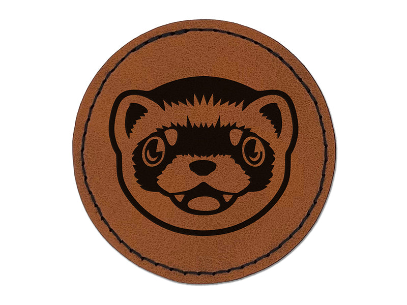 Cute Ferret Face Round Iron-On Engraved Faux Leather Patch Applique - 2.5"