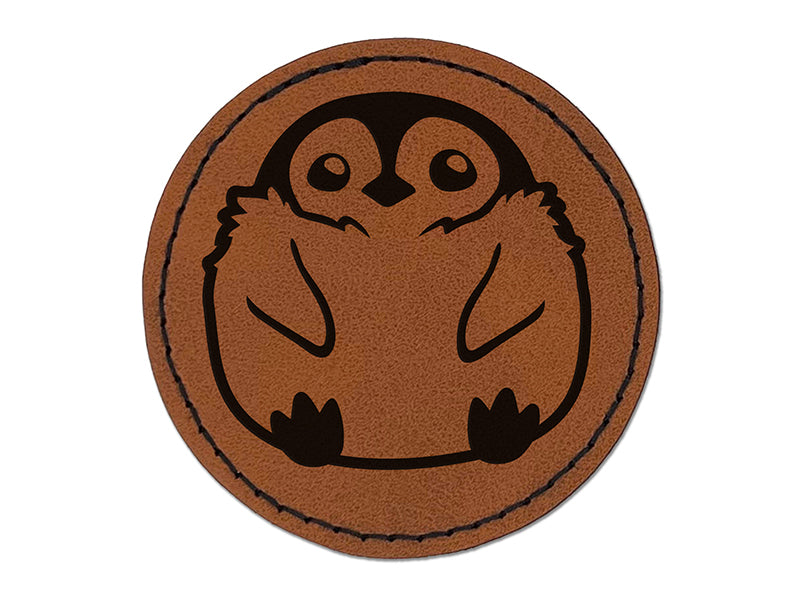 Cute Fluffy Baby Penguin Round Iron-On Engraved Faux Leather Patch Applique - 2.5"