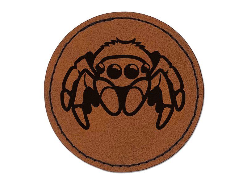 Cute Jumping Spider Round Iron-On Engraved Faux Leather Patch Applique - 2.5"