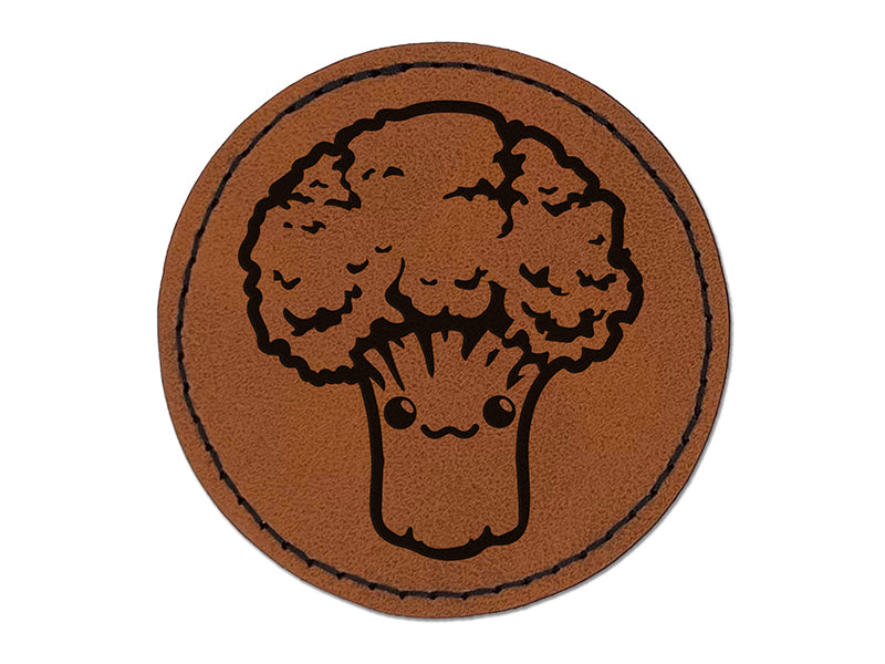Cute Kawaii Broccoli Vegetable Round Iron-On Engraved Faux Leather Patch Applique - 2.5"