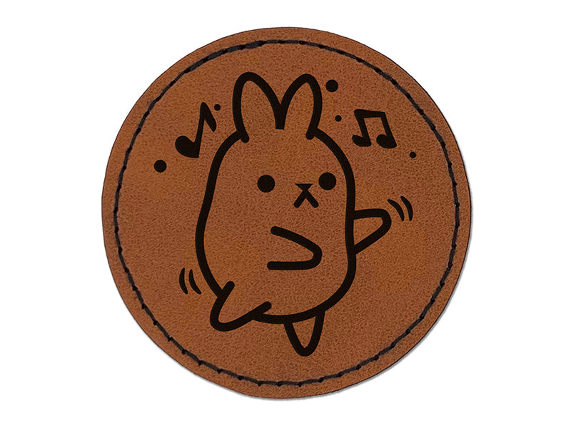 Cute Kawaii Bunny Rabbit Dancing to Music Round Iron-On Engraved Faux Leather Patch Applique - 2.5"
