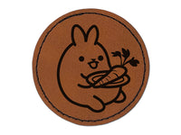 Cute Kawaii Bunny Rabbit Eating a Carrot for Lunch Round Iron-On Engraved Faux Leather Patch Applique - 2.5"