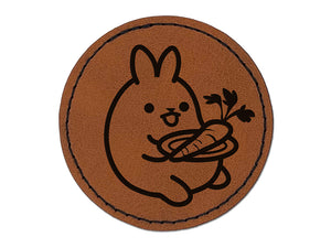 Cute Kawaii Bunny Rabbit Eating a Carrot for Lunch Round Iron-On Engraved Faux Leather Patch Applique - 2.5"