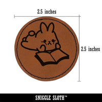 Cute Kawaii Bunny Rabbit Reading Studying for School Round Iron-On Engraved Faux Leather Patch Applique - 2.5"