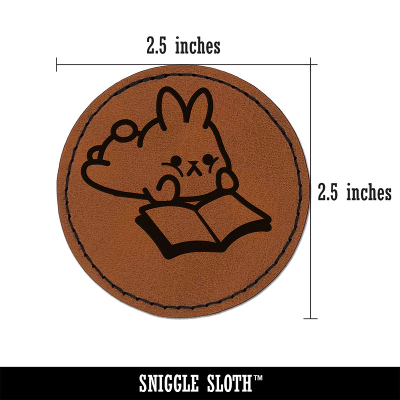 Cute Kawaii Bunny Rabbit Reading Studying for School Round Iron-On Engraved Faux Leather Patch Applique - 2.5"