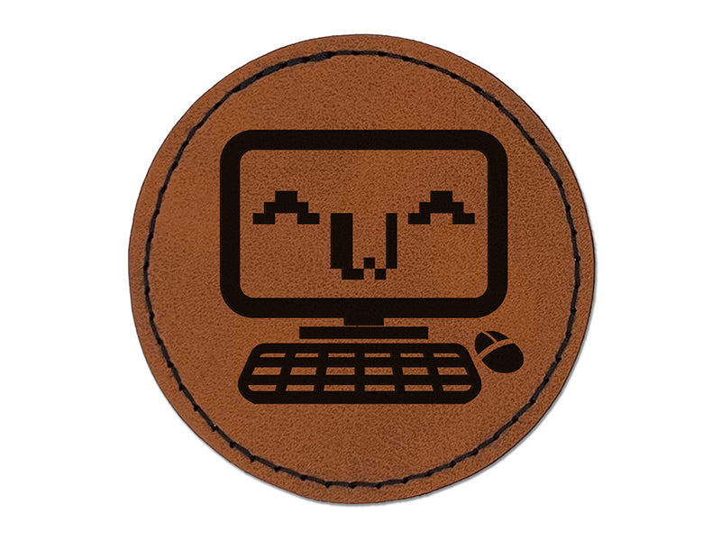 Cute Kawaii Computer Face Emoticon Round Iron-On Engraved Faux Leather Patch Applique - 2.5"