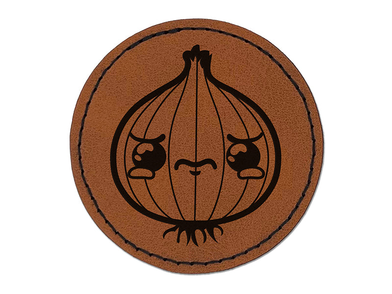 Cute Kawaii Sad Crying Onion Round Iron-On Engraved Faux Leather Patch Applique - 2.5"
