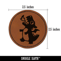 Cute Little Dragon Breathing Fire Round Iron-On Engraved Faux Leather Patch Applique - 2.5"