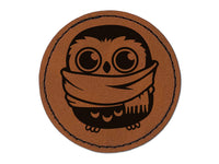 Cute Little Owl with Big Scarf Round Iron-On Engraved Faux Leather Patch Applique - 2.5"