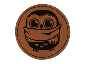 Cute Little Owl with Big Scarf Round Iron-On Engraved Faux Leather Patch Applique - 2.5"