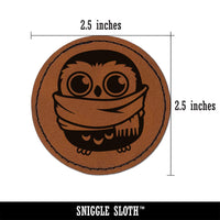 Cute Little Owl with Big Scarf Round Iron-On Engraved Faux Leather Patch Applique - 2.5"