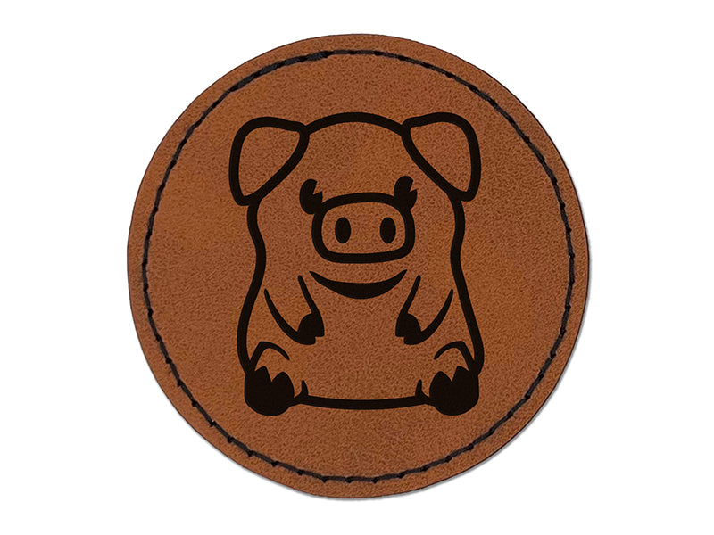 Cute Little Pig Sitting Round Iron-On Engraved Faux Leather Patch Applique - 2.5"