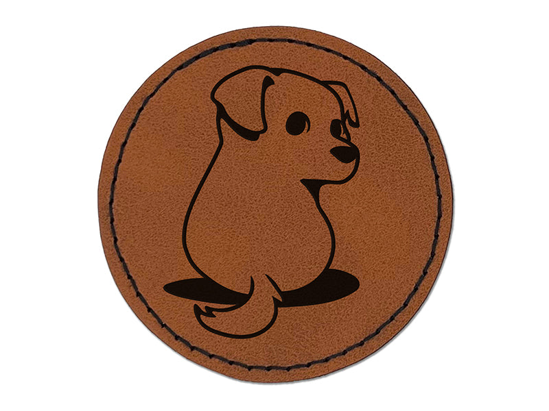 Cute Puppy Looking Back Round Iron-On Engraved Faux Leather Patch Applique - 2.5"