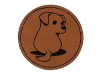 Cute Puppy Looking Back Round Iron-On Engraved Faux Leather Patch Applique - 2.5"